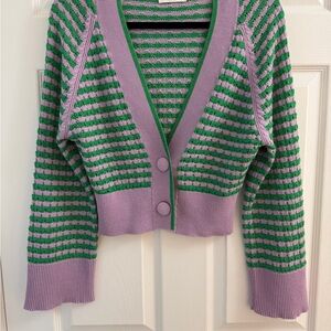 Ramy Brook Cropped Striped Knit Cardigan Lavender Green Metallic XS